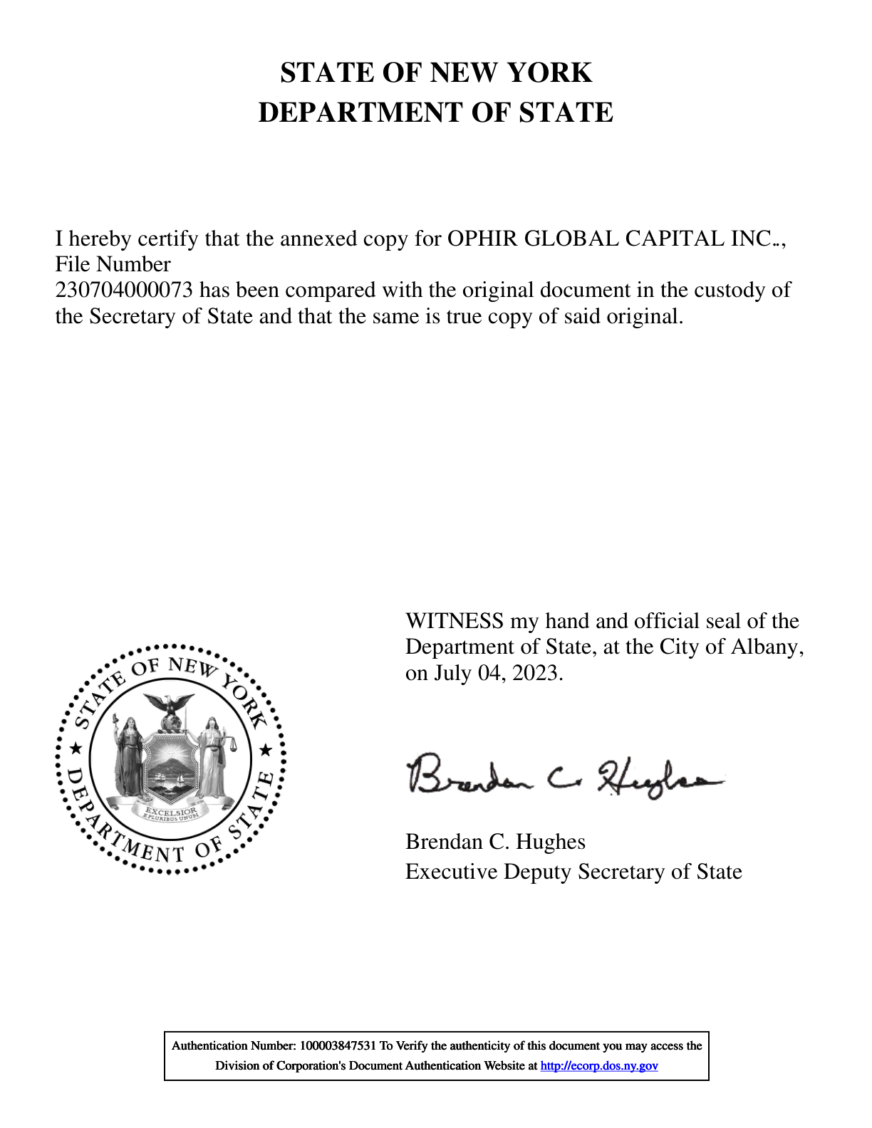 NY Department of State authentication