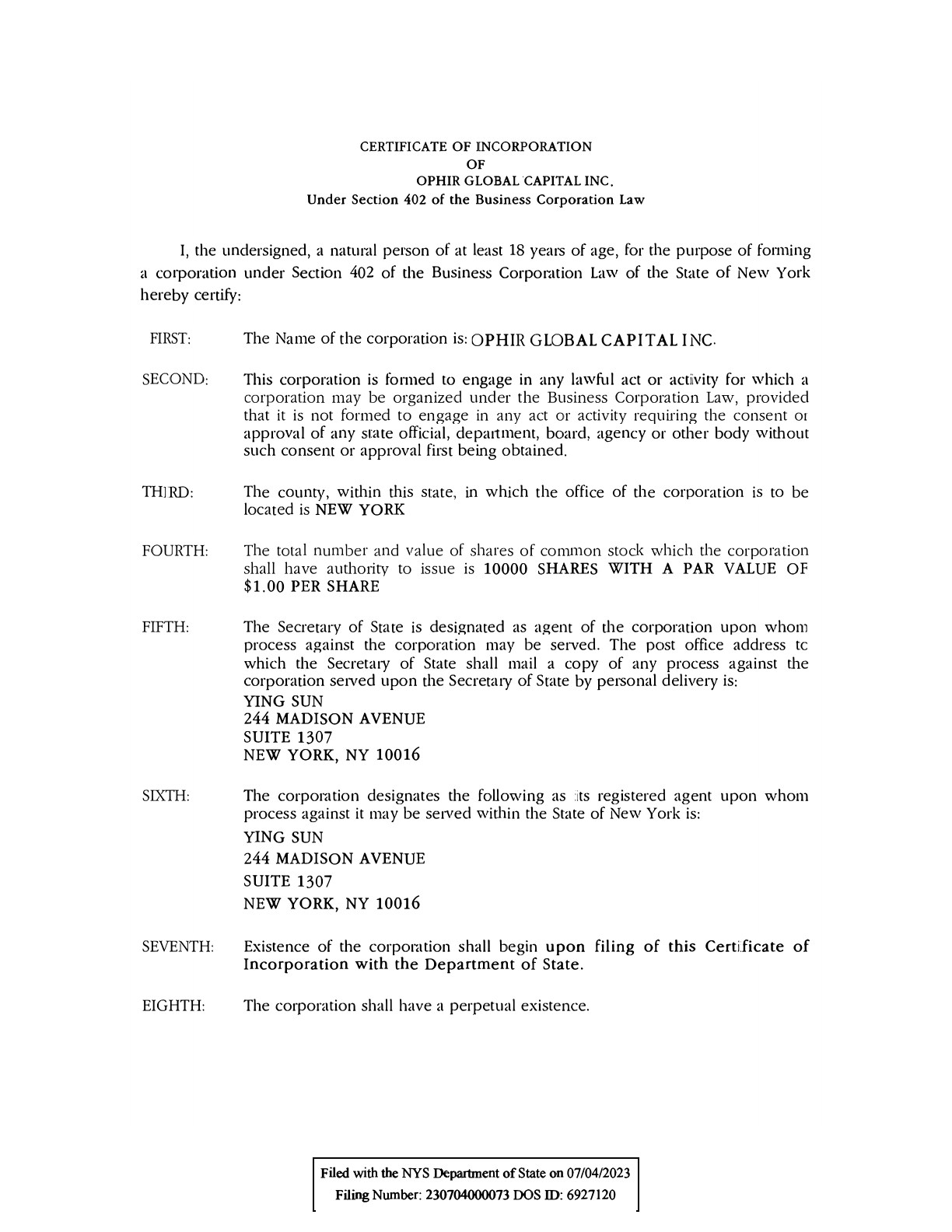 Certificate of Incorporation page 1