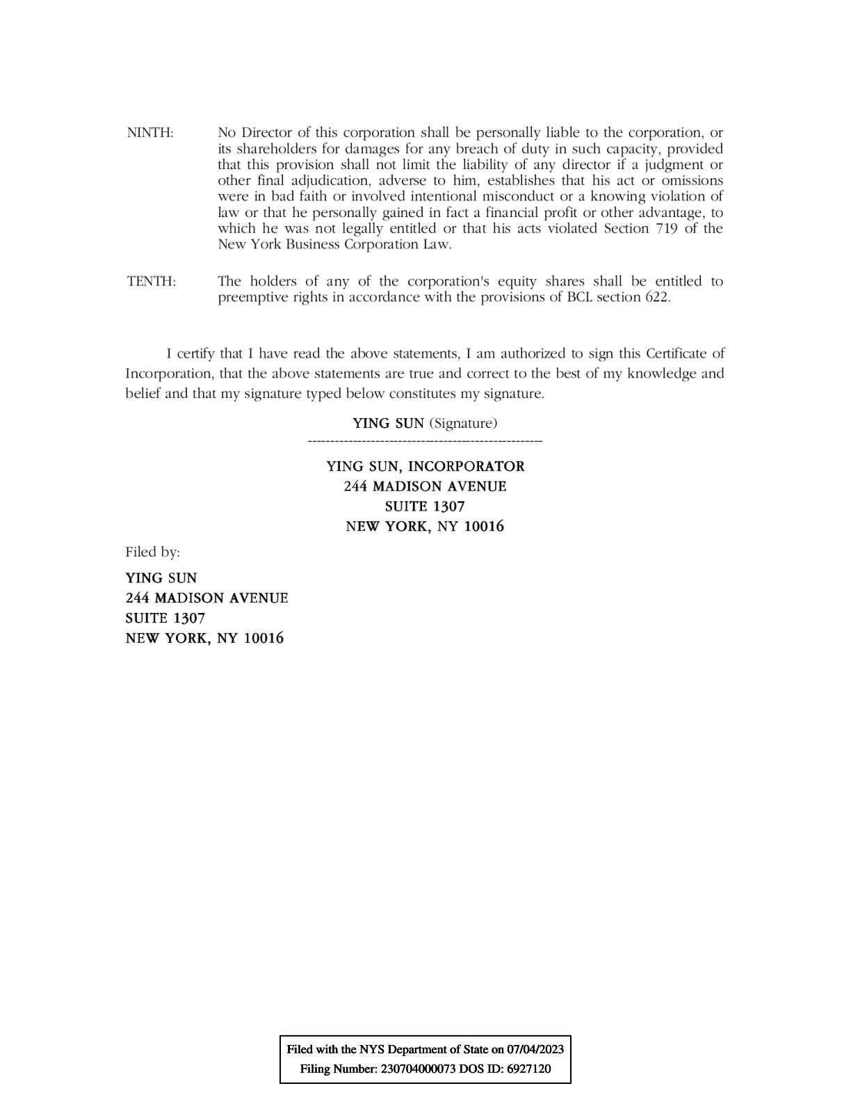 Certificate of Incorporation page 2