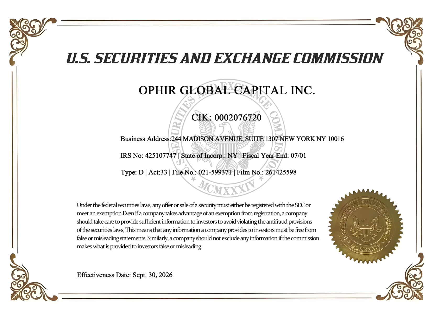 SEC certificate